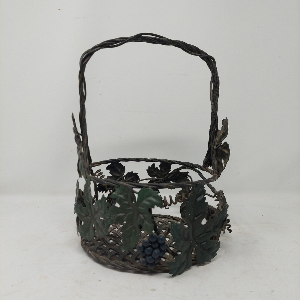 Wrought Iron Woven Grapes Ivy Metal Basket Open Weave Tuscan Wine Decorative